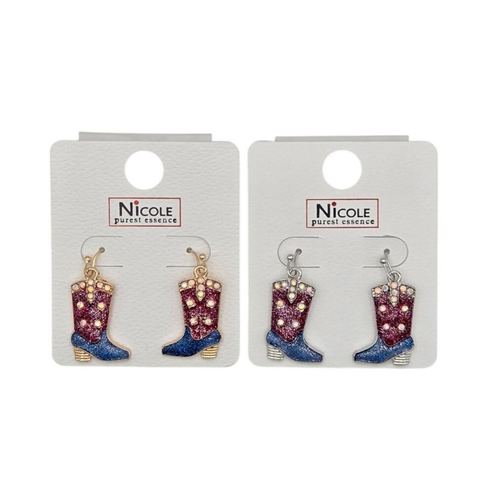 2 Pair of  1 Silver /  1 Gold Rhinestone Cowboy Boot Fishhook Earrings #CR4320